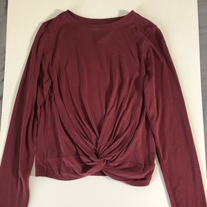Maroon JoyLab athletic top with flattering knot detail